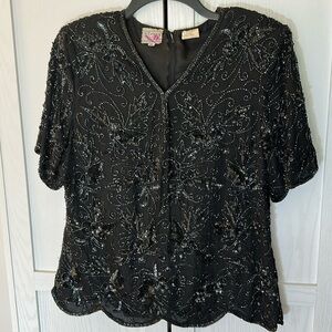 Vintage 1980's Stenay 100% Silk Black Beaded Scalloped Hem Blouse XL
